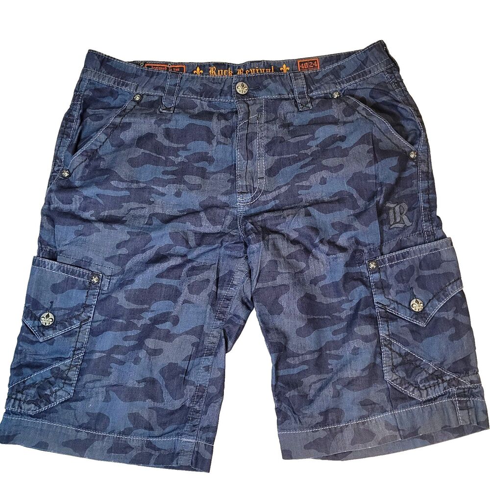 Rock Revival Men’s Size 42 Waist (Tag 40) Navy Blue Camo Classic Cargo Shorts